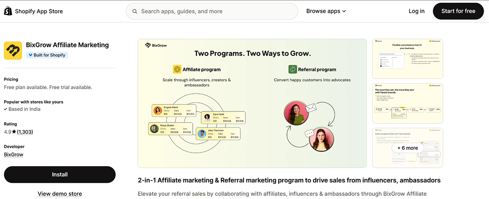 bixgrow Shopify affiliate app dashboard