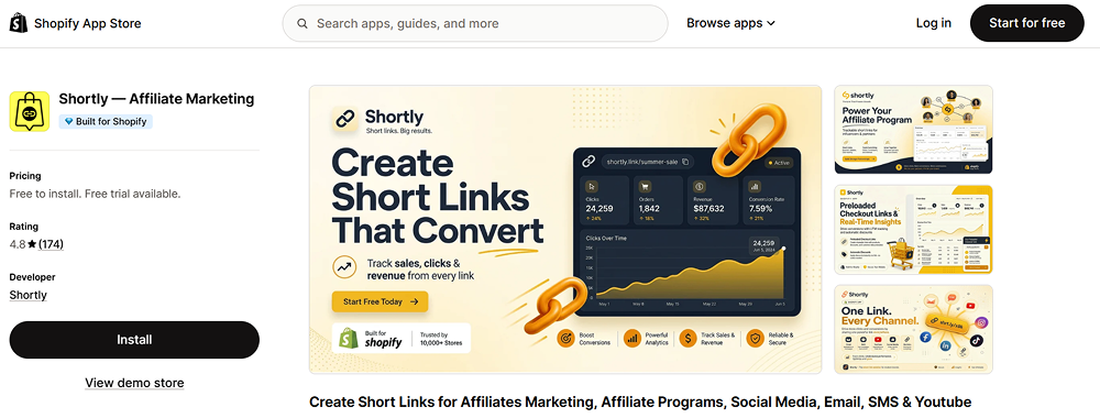 shortly Shopify affiliate link in bio app